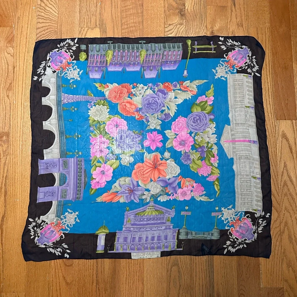 LEONARD Paris 100% Silk Floral Paris Landmark Square Scarf Blue Purple Vintage